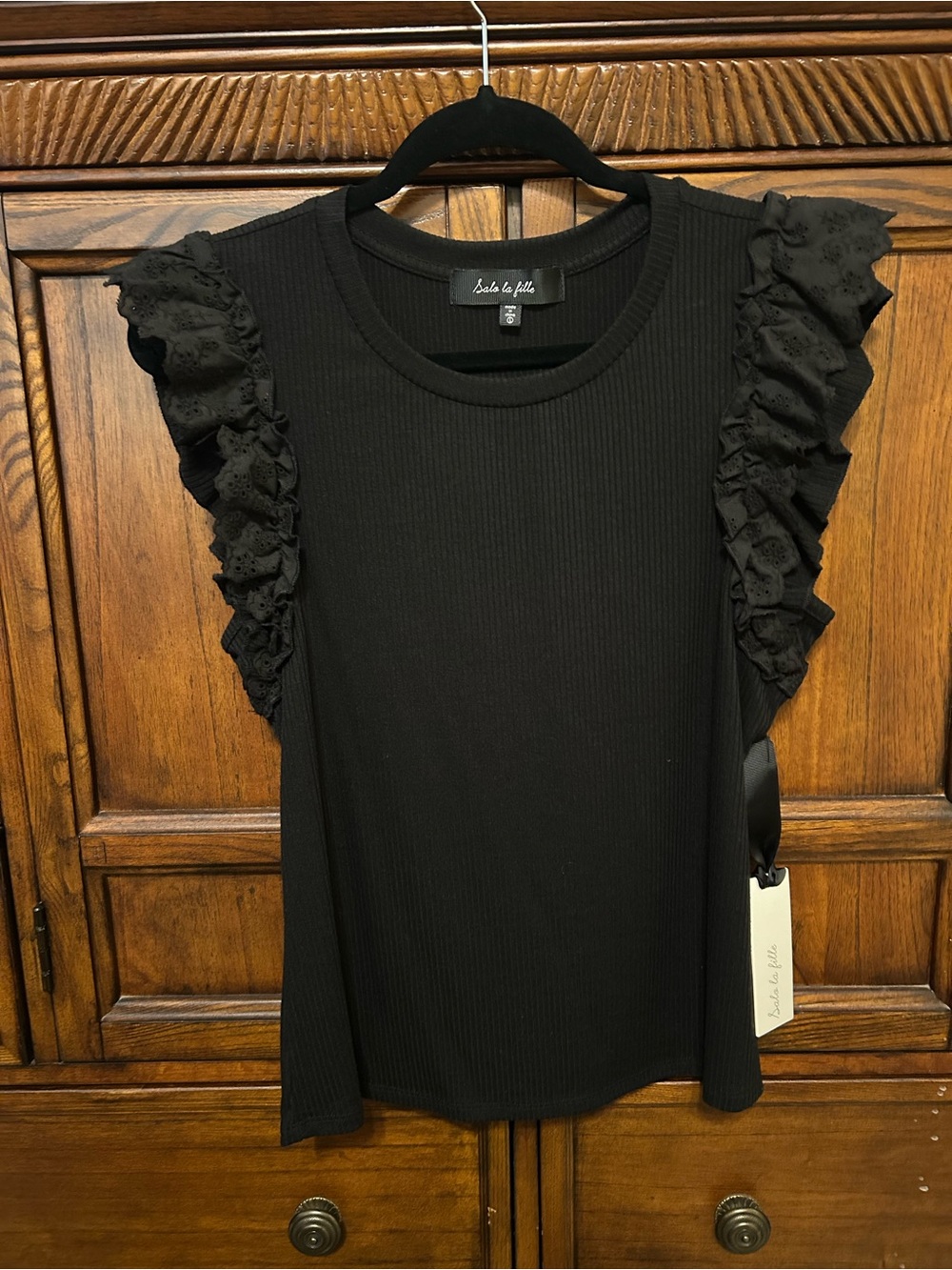 New! Pretty Salo La Fille Black Ribbed Tank with Eyelet Ruffle Sleeves